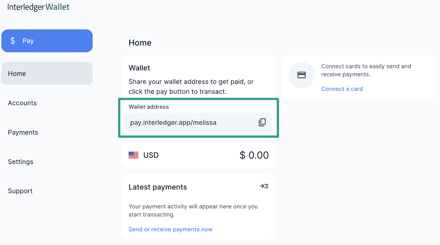 User's wallet address highlighted on the Interledger Wallet home screen